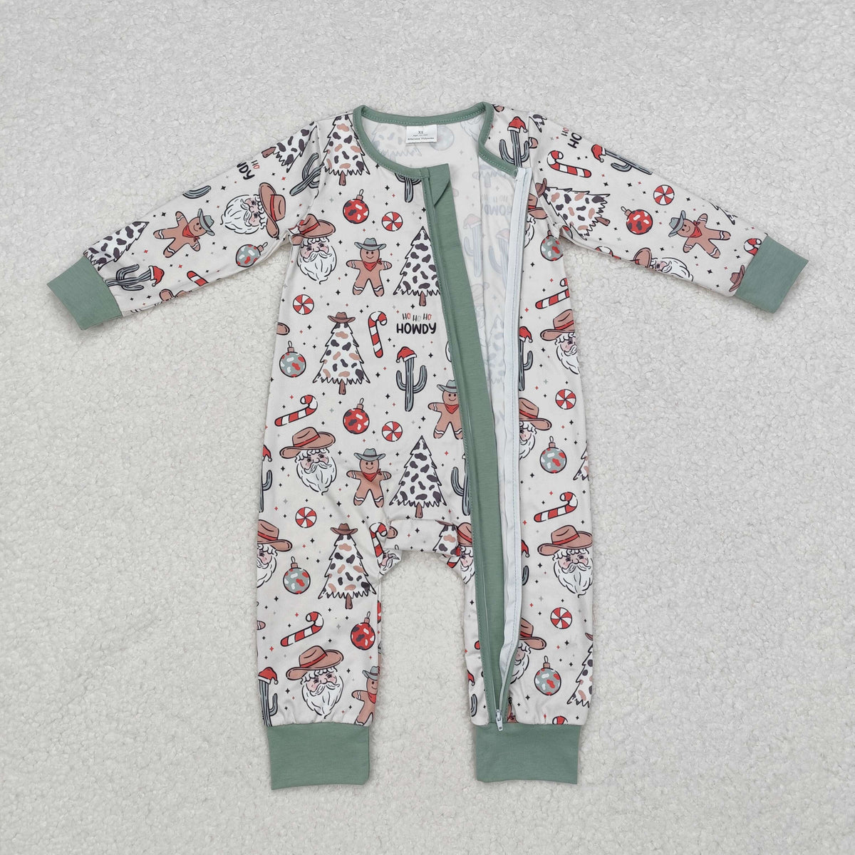 LR1674 Gingerbread Santa Candy Cane Print Baby Boys Christmas Zipper Sleeper Romper