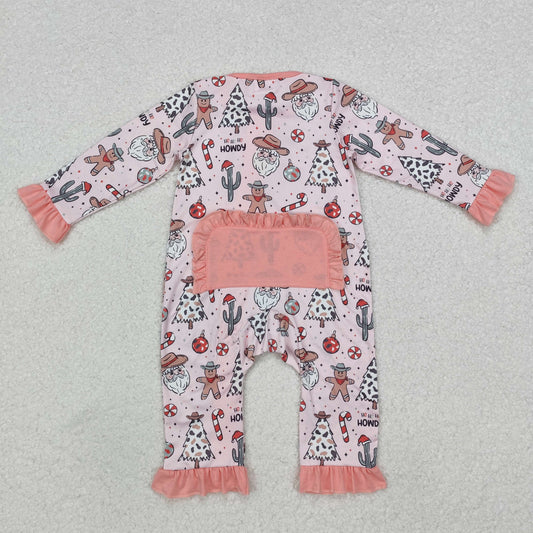 LR1675 Gingerbread Santa Candy Cane Print Baby Girls Christmas Zipper Sleeper Romper
