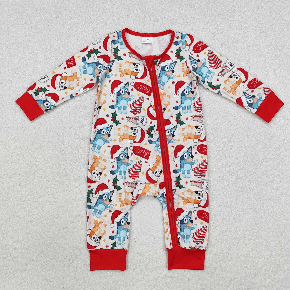 LR1684 Cartoon Dog Debbie Cake Holly Print Baby Boys Christmas Zipper Sleeper Romper