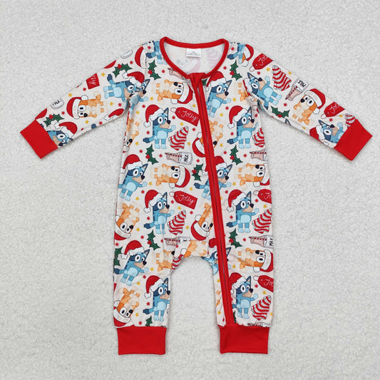 LR1684 Cartoon Dog Debbie Cake Holly Print Baby Boys Christmas Zipper Sleeper Romper