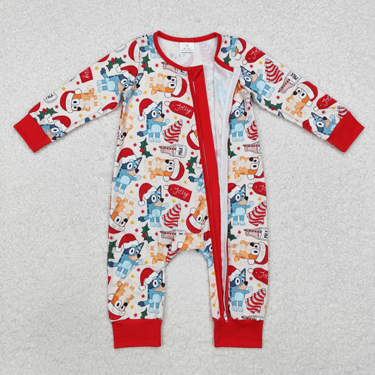 LR1684 Cartoon Dog Debbie Cake Holly Print Baby Boys Christmas Zipper Sleeper Romper