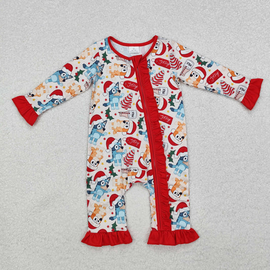LR1685 Cartoon Dog Debbie Cake Holly Print Baby Girls Christmas Zipper Sleeper Romper