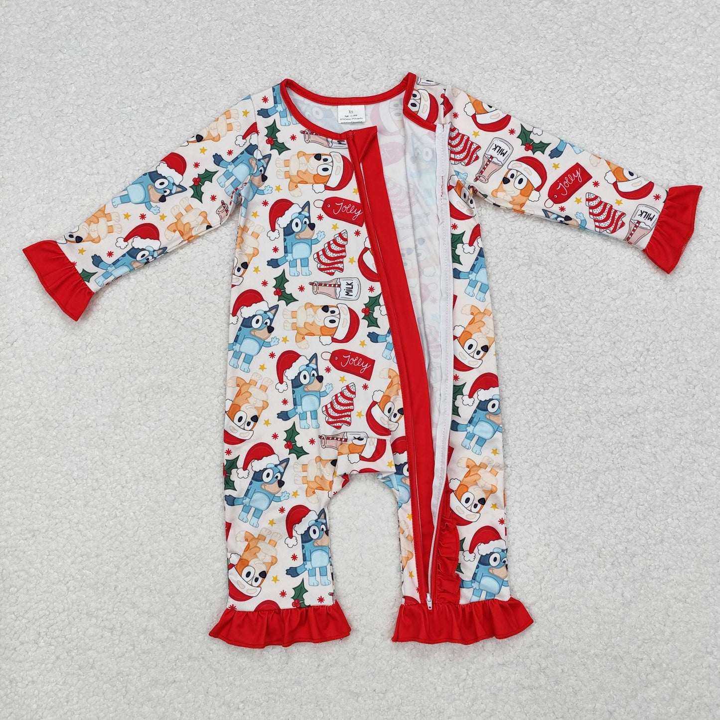 LR1685 Cartoon Dog Debbie Cake Holly Print Baby Girls Christmas Zipper Sleeper Romper