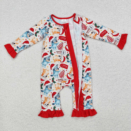 LR1685 Cartoon Dog Debbie Cake Holly Print Baby Girls Christmas Zipper Sleeper Romper