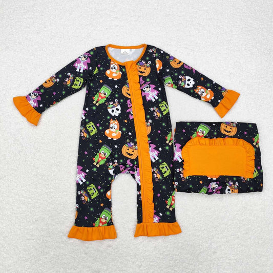 LR1694 Cartoon Dog Pumpkin Print Baby Girls Halloween Zipper Sleeper Romper