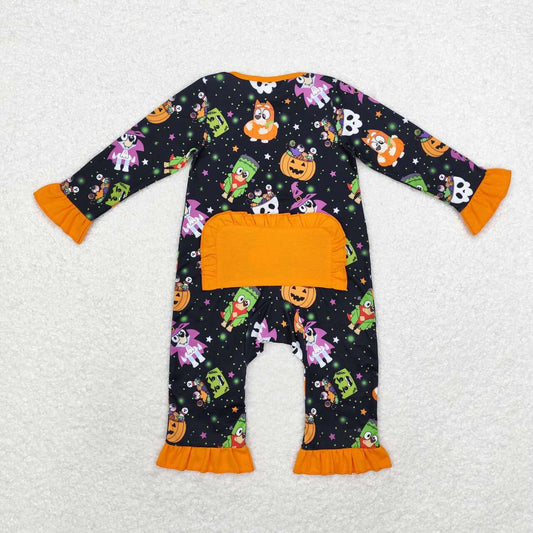 LR1694 Cartoon Dog Pumpkin Print Baby Girls Halloween Zipper Sleeper Romper
