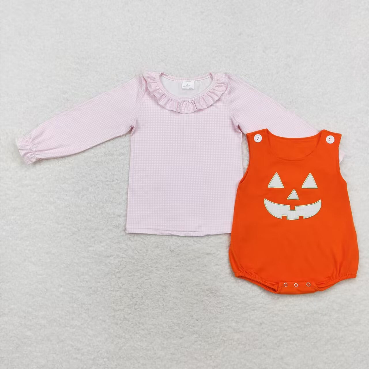 LR1703 Checkered Pink Top Smiling Face Embroidery Orange Romper Baby Girls Halloween Clothes Set