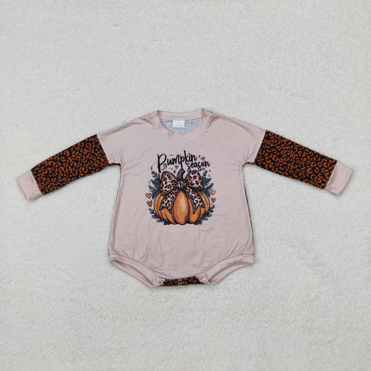 LR1723 Pumpkin Bows Leopard Print Baby Girls Fall Romper
