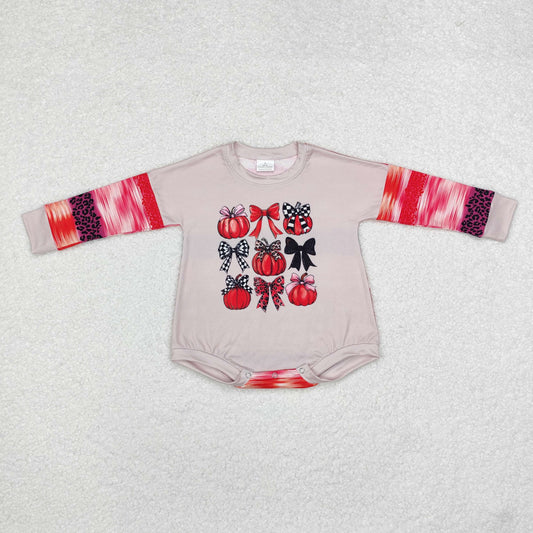 LR1724 Pumpkin Bows Leopard Print Baby Girls Fall Romper