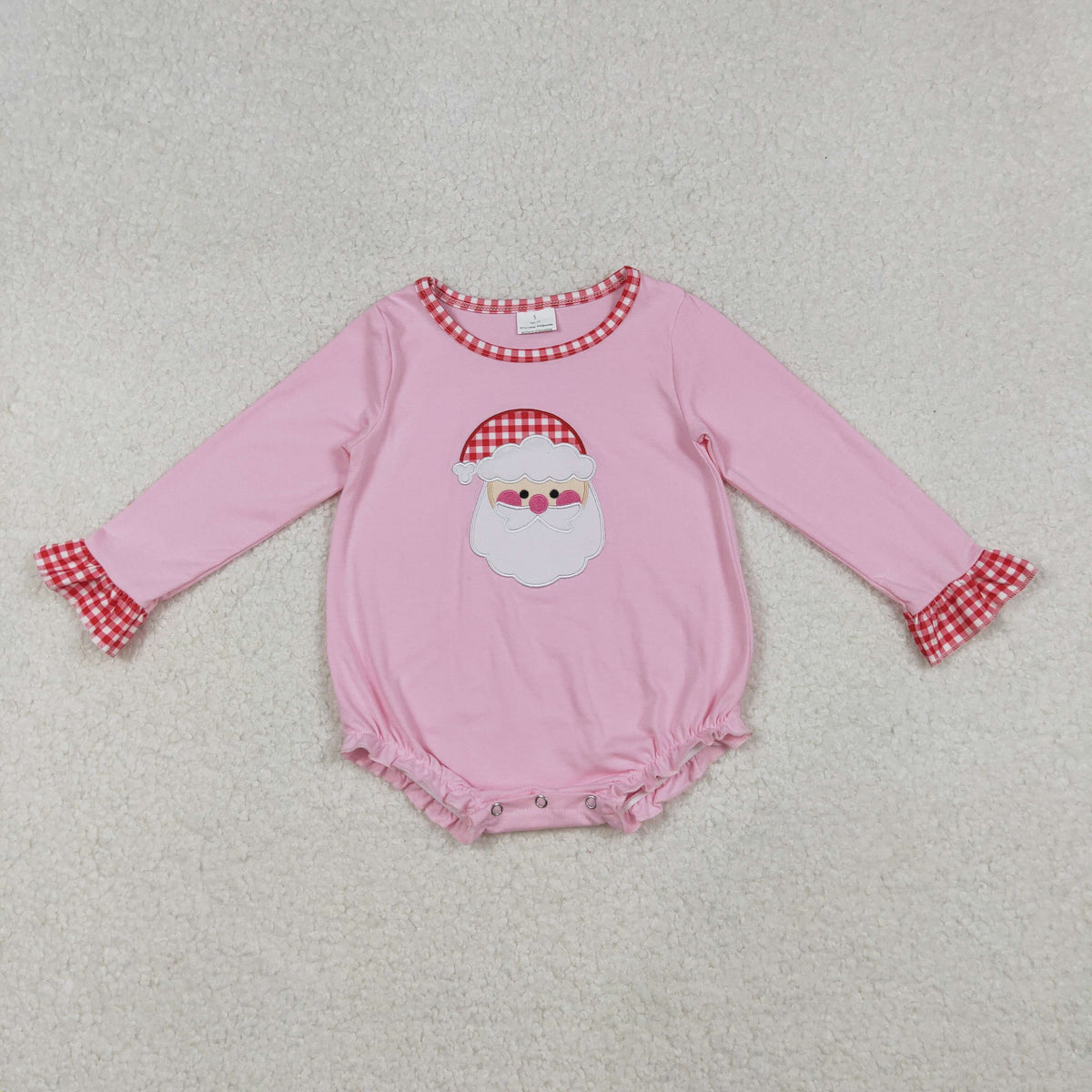 LR1733  Santa Embroidery Checkered Print Baby Girls Christmas Romper