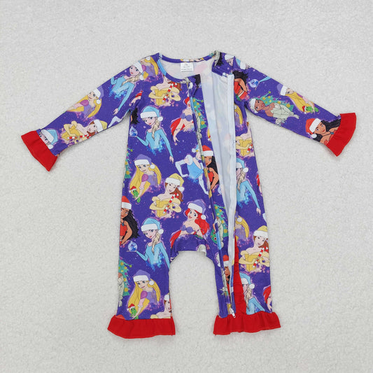 LR1741 Cartoon Princess Print Baby Girls Christmas Zipper Sleeper Romper