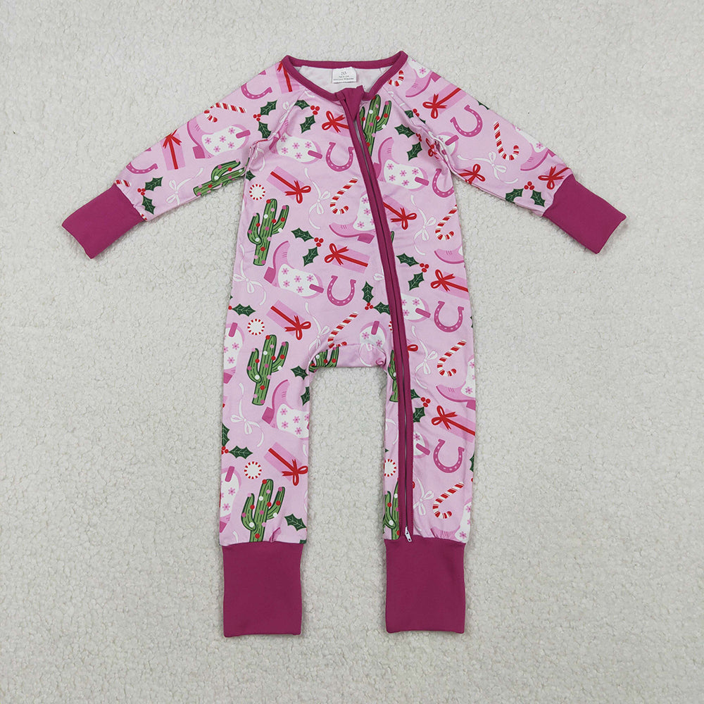LR1742 Cactus Holly Boots Candy Cane Pink Print Baby Girls Christmas Zipper Sleeper Romper