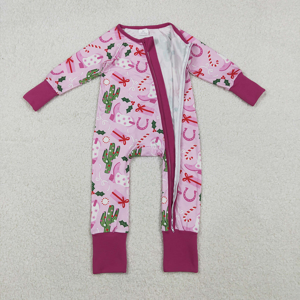 LR1742 Cactus Holly Boots Candy Cane Pink Print Baby Girls Christmas Zipper Sleeper Romper
