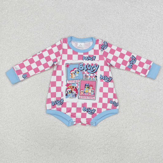 LR1764 Cartoon Dog Pink Checkered Print Baby Girls Christmas Romper