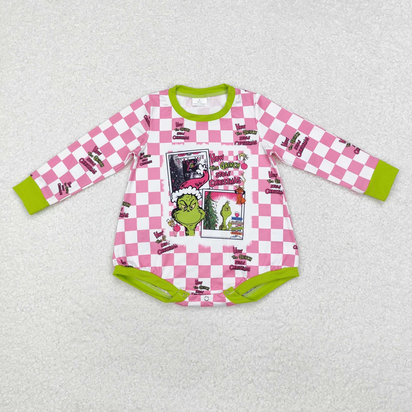 LR1765 Green Frog Pink Checkered Print Baby Girls Christmas Romper
