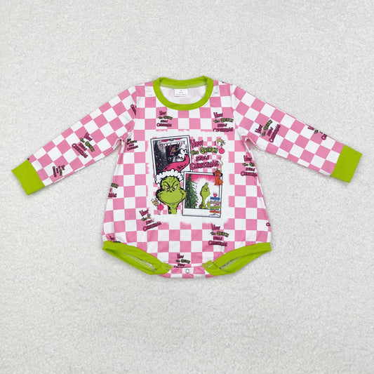 LR1765 Green Frog Pink Checkered Print Baby Girls Christmas Romper