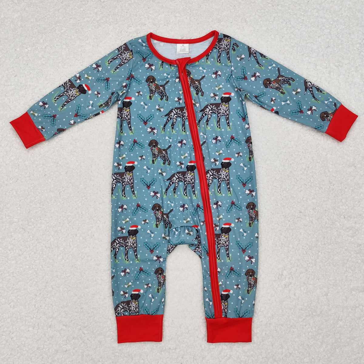 LR1768 Dog Holly Print Baby Christmas Bamboo Zipper Sleeper Romper
