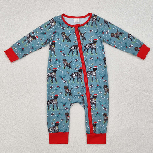 LR1768 Dog Holly Print Baby Christmas Bamboo Zipper Sleeper Romper