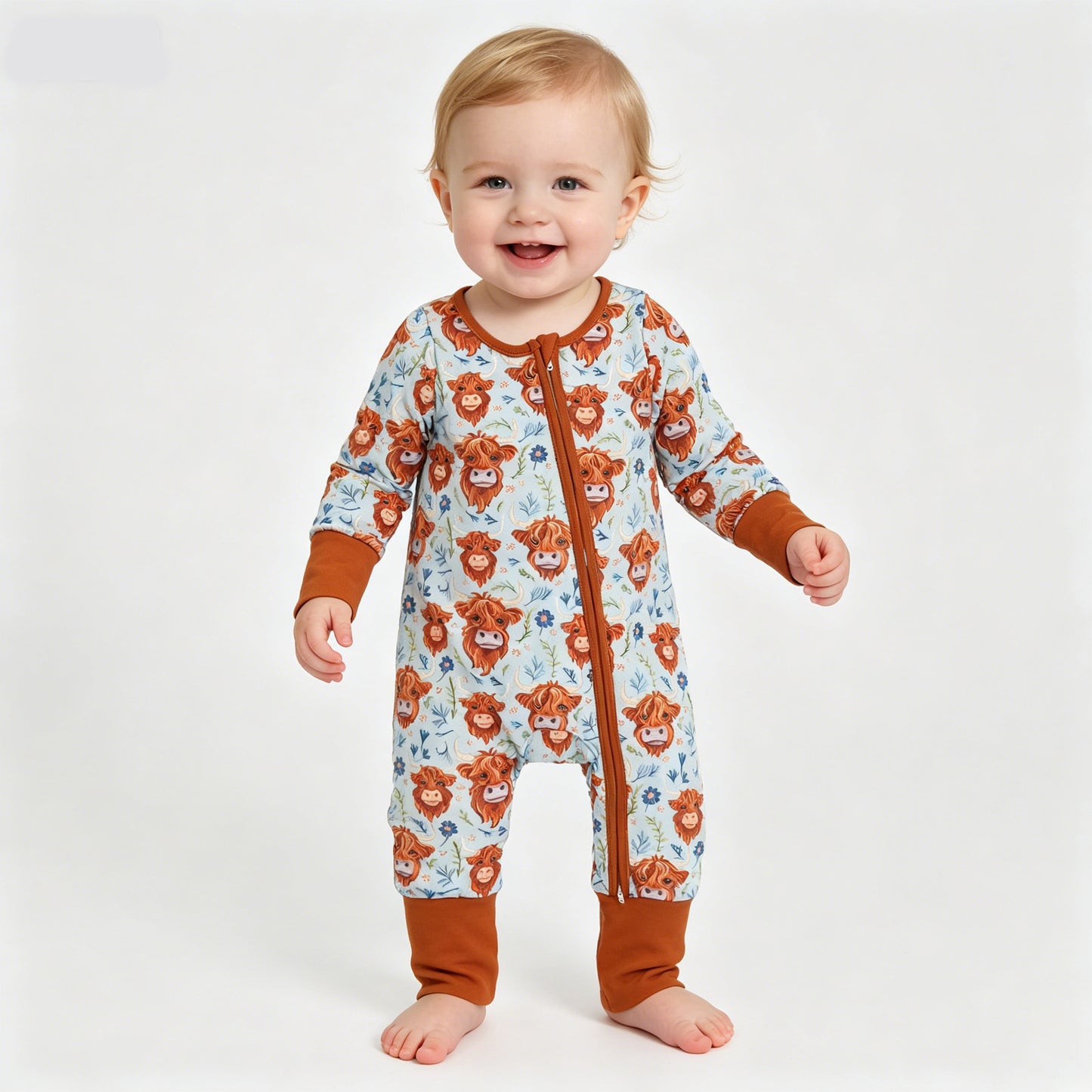 Baby Highland Cow Zipper Romper, Cute Farm Animal Sleeper for Infant Boys & Girls