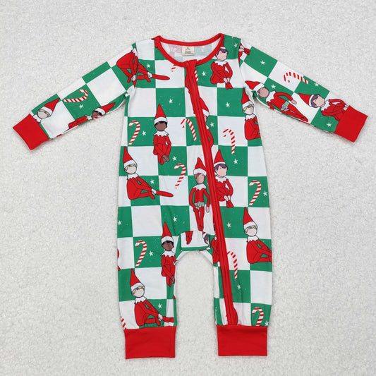 LR1817 Cartoon Shelf Checkered Print Baby Boys Christmas Bamboo Zipper Sleeper Romper