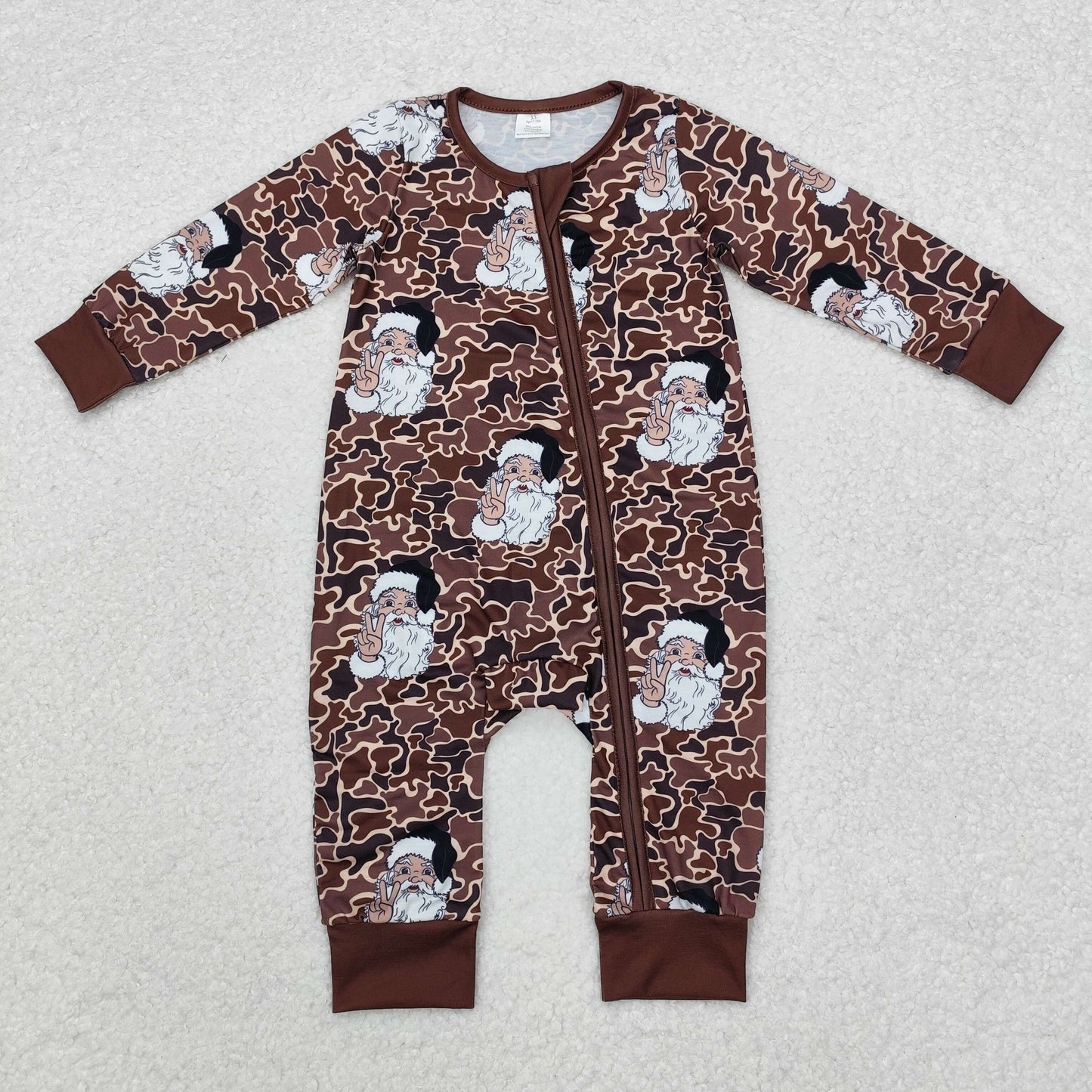 LR1820 Santa Brown Camo Print Baby Christmas Bamboo Zipper Sleeper Romper