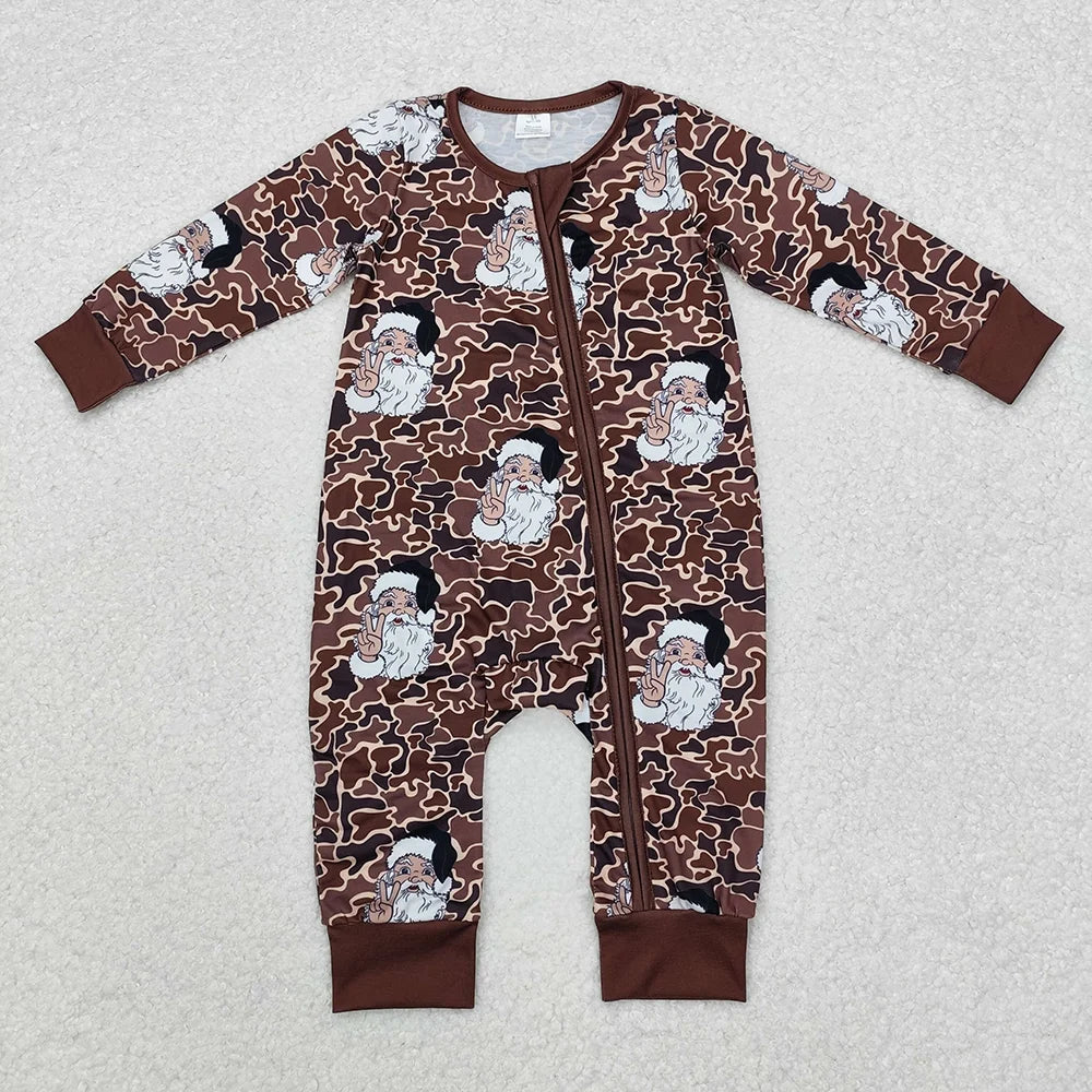 Sibling Baby Boys Brown Cano Christmas Santa Pajama Set Zipper Romper