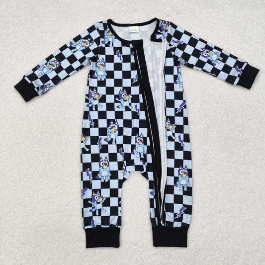 Baby Boys Cartoon Dog Checked Long Sleeve Zipper Romper
