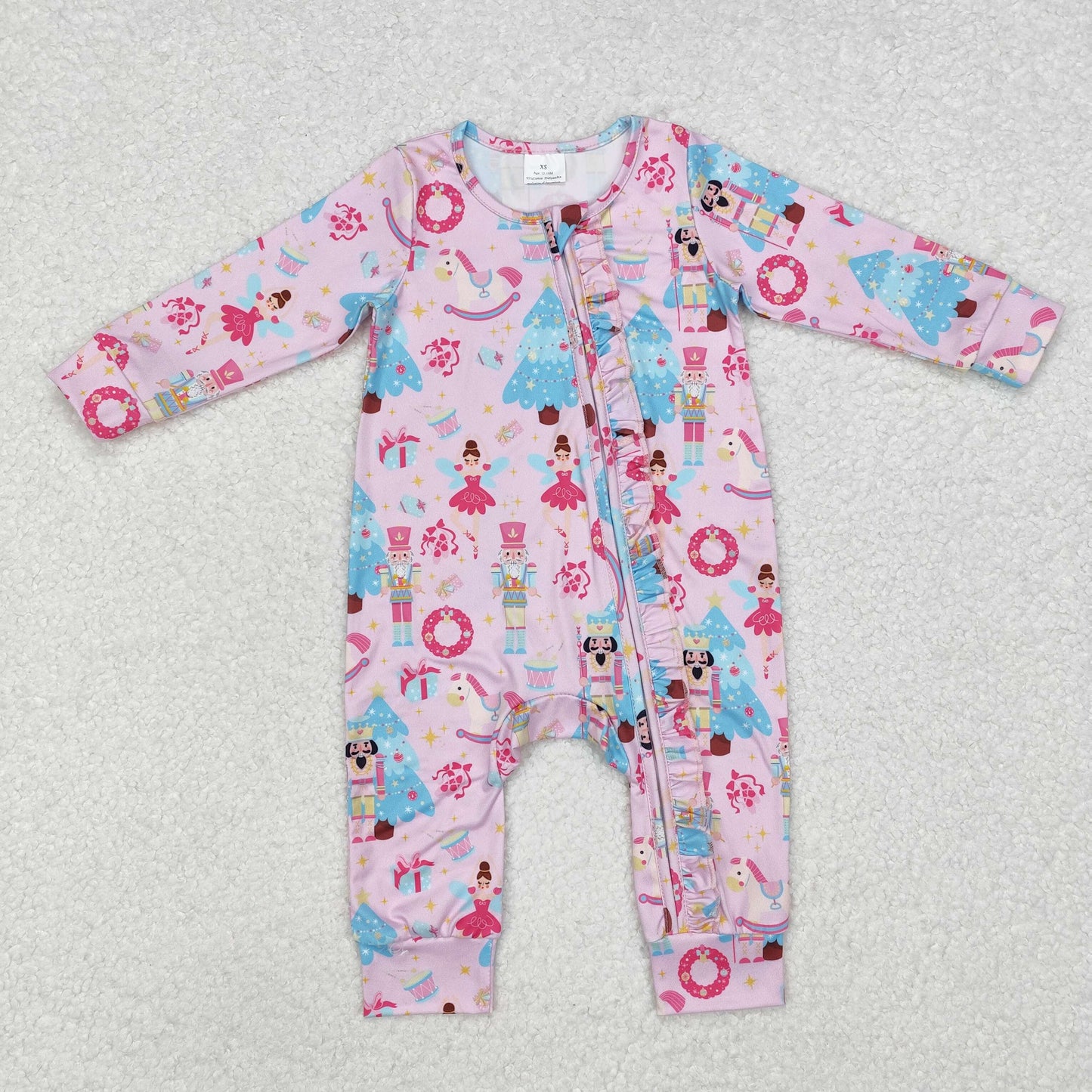 LR1970 Nutcracke* Soldier Pink Print Baby Girls Christmas Zipper Sleeper Romper