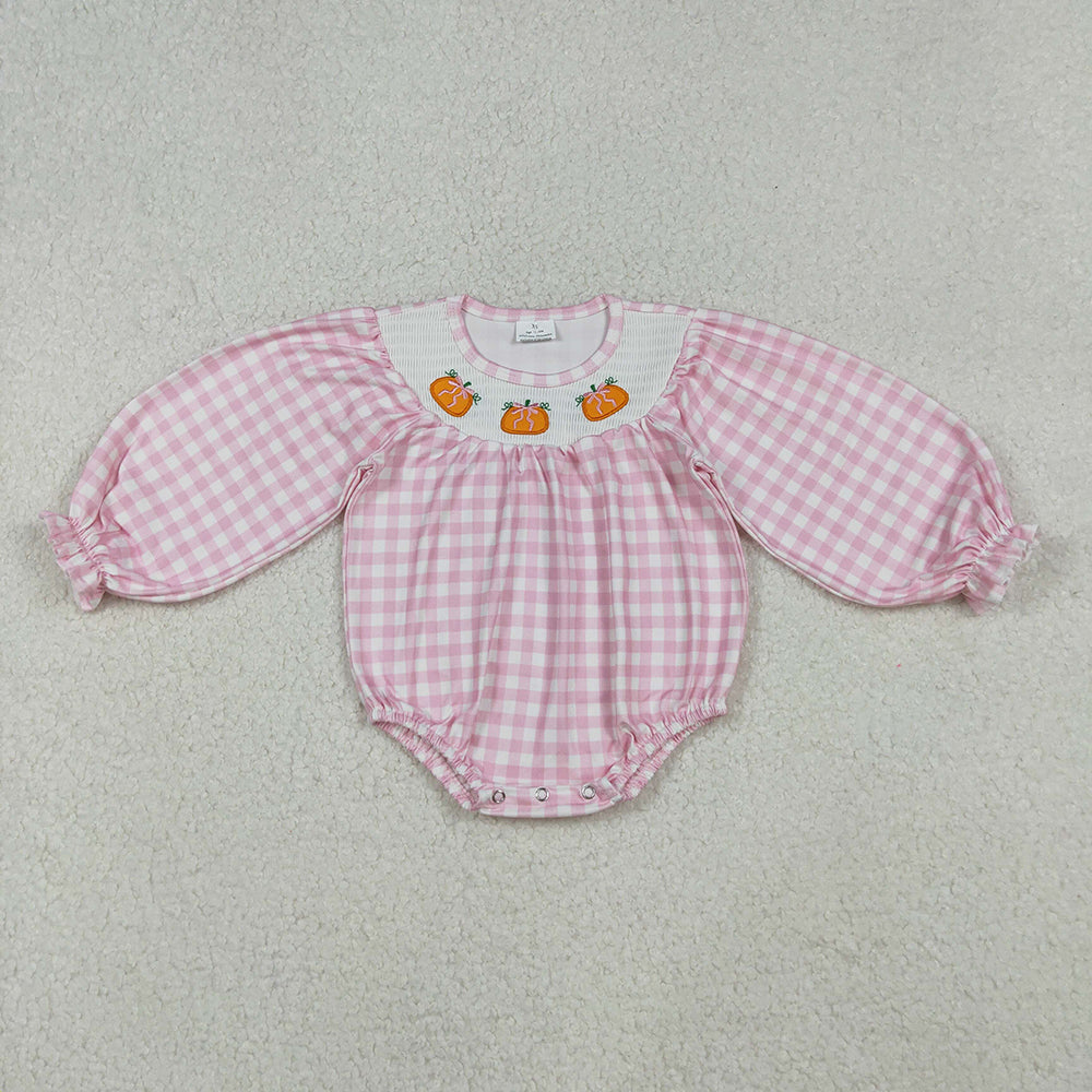 LR2181 Pumpkin Embroidery Pink Checkered Print Baby Girls Smocked Romper