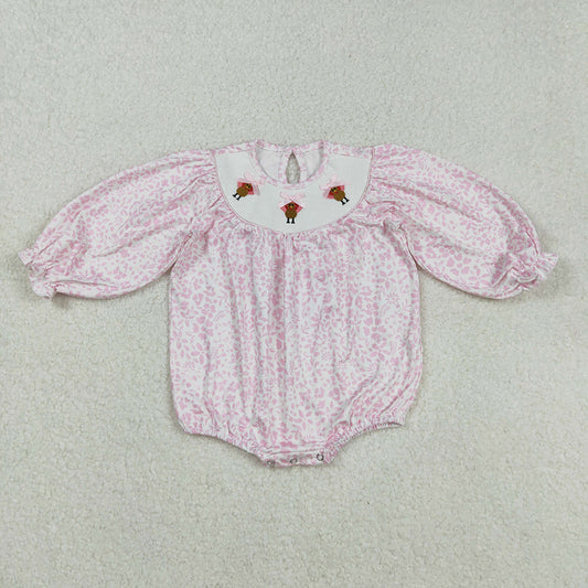 LR2184 Turkey Embroidery Pink Flowers Print Baby Girls Smocked Romper