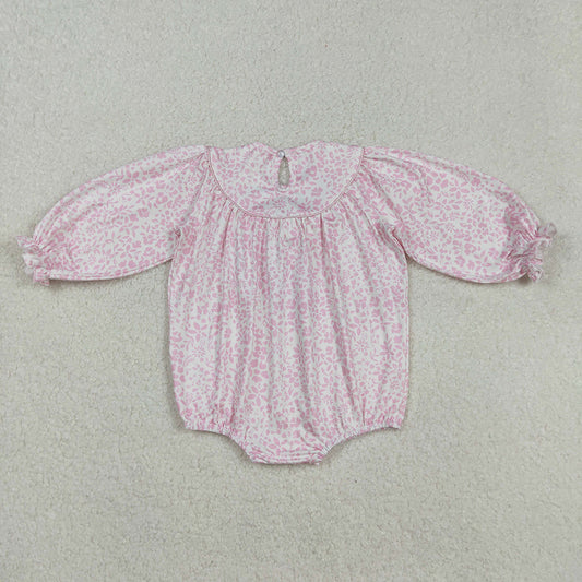 LR2184 Turkey Embroidery Pink Flowers Print Baby Girls Smocked Romper
