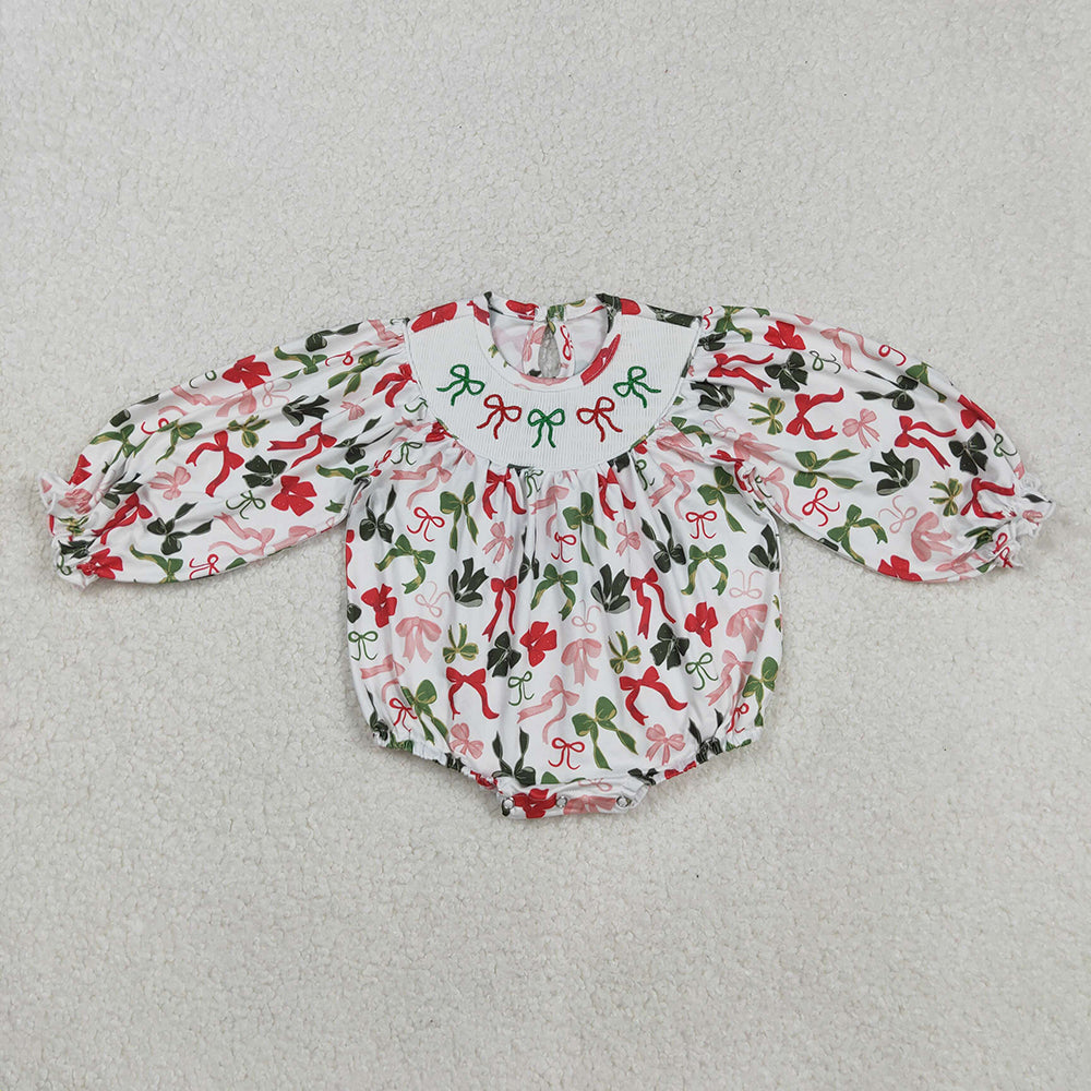 LR2185  Red Green Bows Embroidery Baby Girls Christmas Bubble Romper