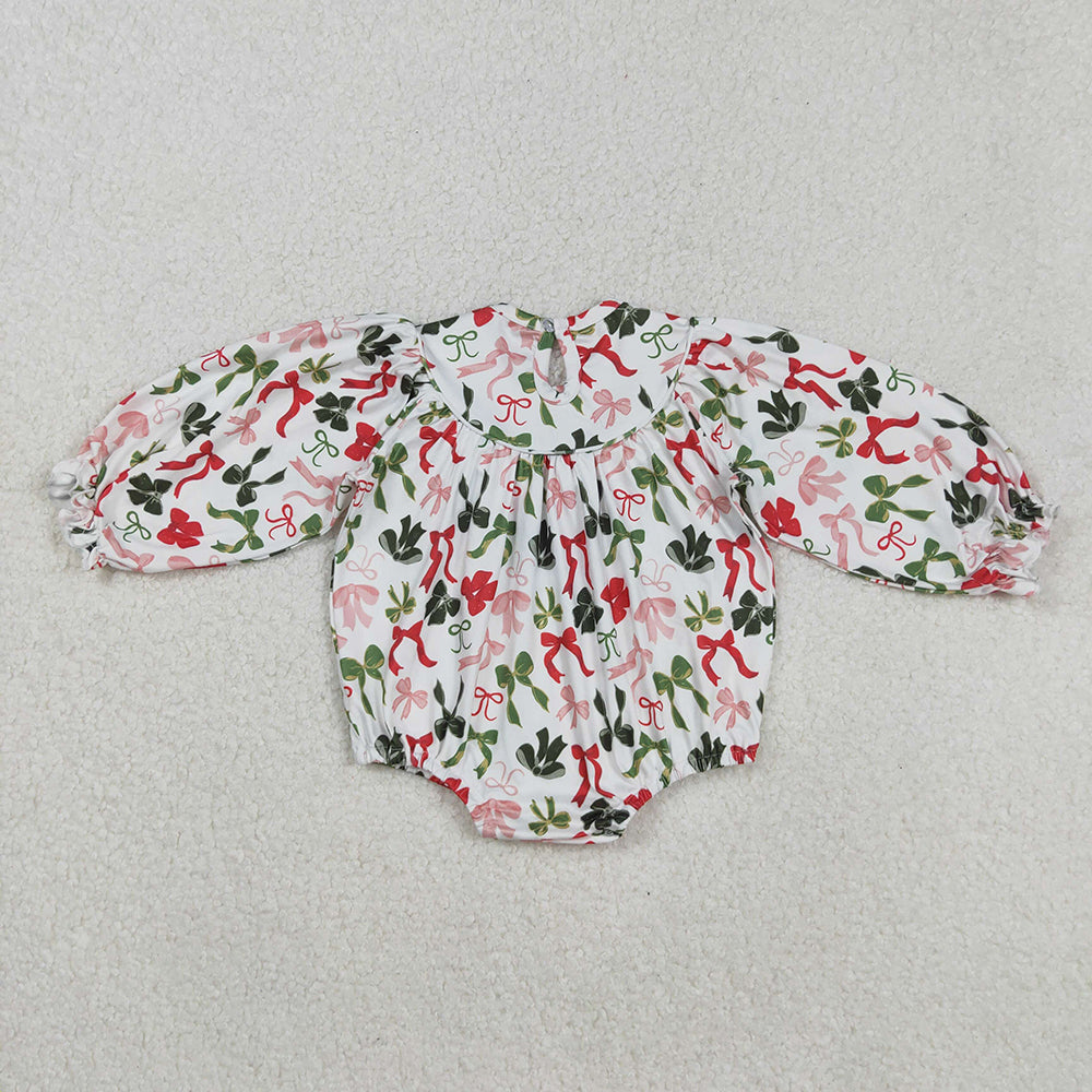 LR2185  Red Green Bows Embroidery Baby Girls Christmas Bubble Romper