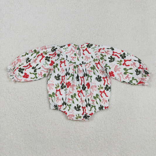 LR2185  Red Green Bows Embroidery Baby Girls Christmas Bubble Romper