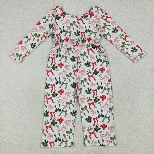 LR2192 Red Green Bows Print Girls Christmas Pockets Jumpsuits