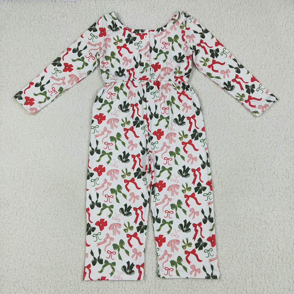 LR2192 Red Green Bows Print Girls Christmas Pockets Jumpsuits