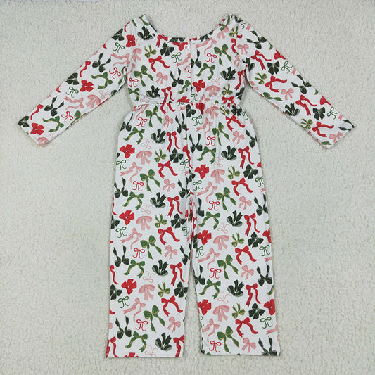 LR2192 Red Green Bows Print Girls Christmas Pockets Jumpsuits