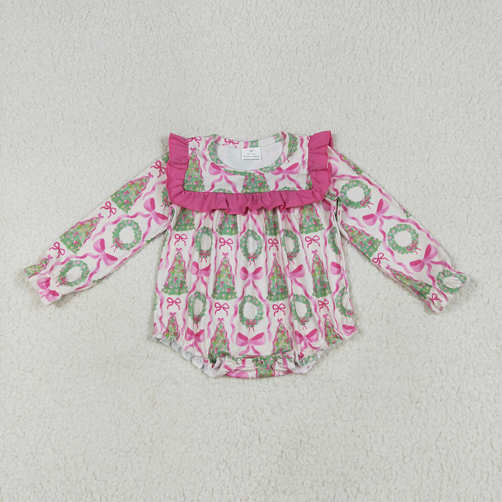 LR2202 Tree Bows Print Baby Girls Christmas Ruffle Romper