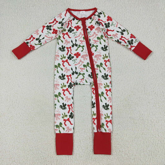 LR2203 Red Green Bows Print Baby Girls Christmas Zipper Sleeper Romper