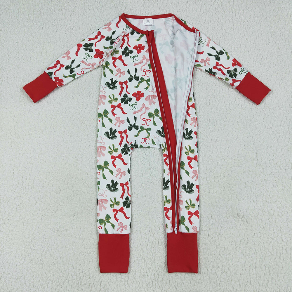 LR2203 Red Green Bows Print Baby Girls Christmas Zipper Sleeper Romper