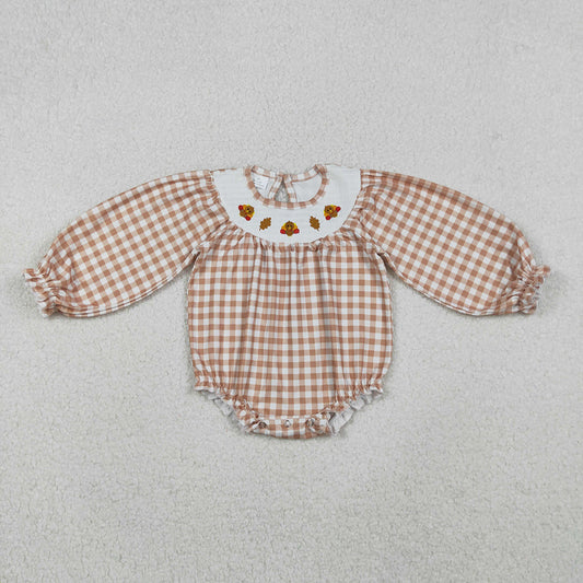 LR2205 Turkey Embroidery Checkered Print Baby Girls Smocked Romper