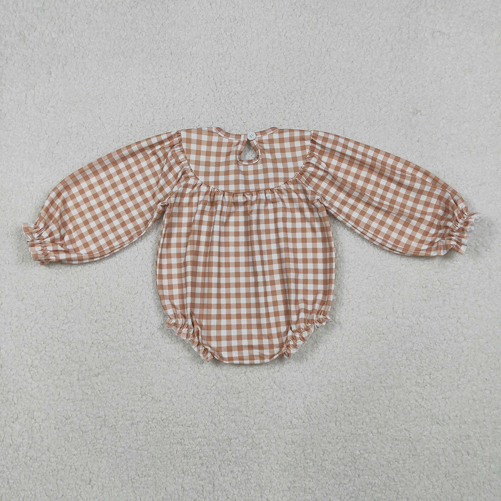 LR2205 Turkey Embroidery Checkered Print Baby Girls Smocked Romper