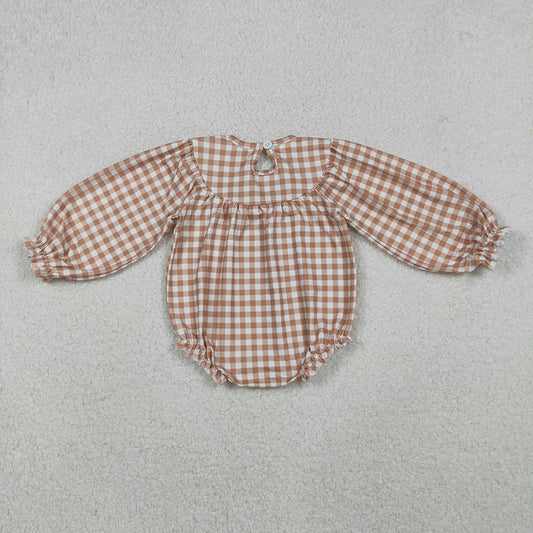 LR2205 Turkey Embroidery Checkered Print Baby Girls Smocked Romper