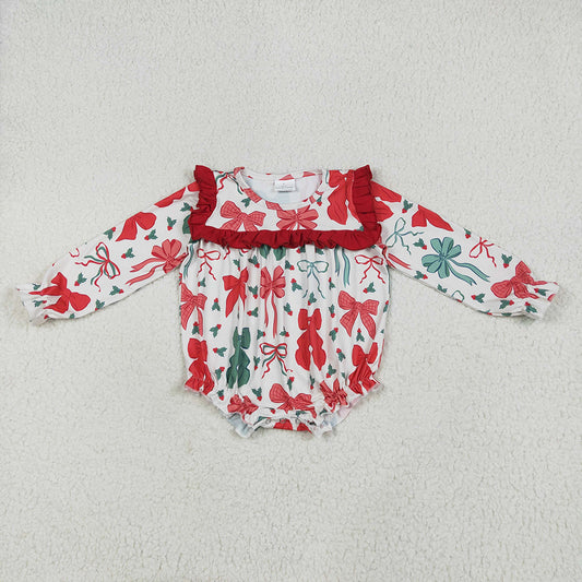 LR2209 Red Green Bows Holly Print Baby Girls Christmas Ruffle Romper