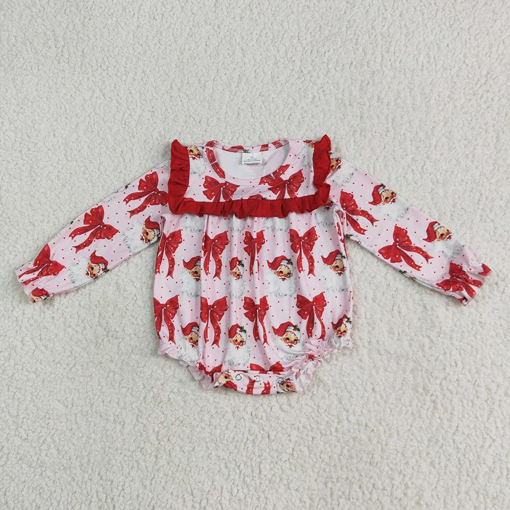 LR2210 Santa Red Bows Print Baby Girls Christmas Ruffle Romper