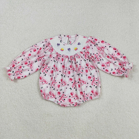LR2216 Ghost Candy Embroidery Bows Print Baby Girls Halloween Smocked Romper