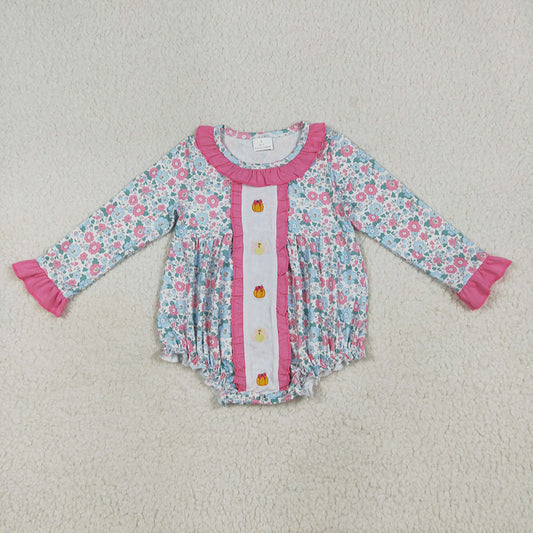 LR2219 Turkey Pumpkin Embroidery Flowers Baby Girls Thanksgiving Romper