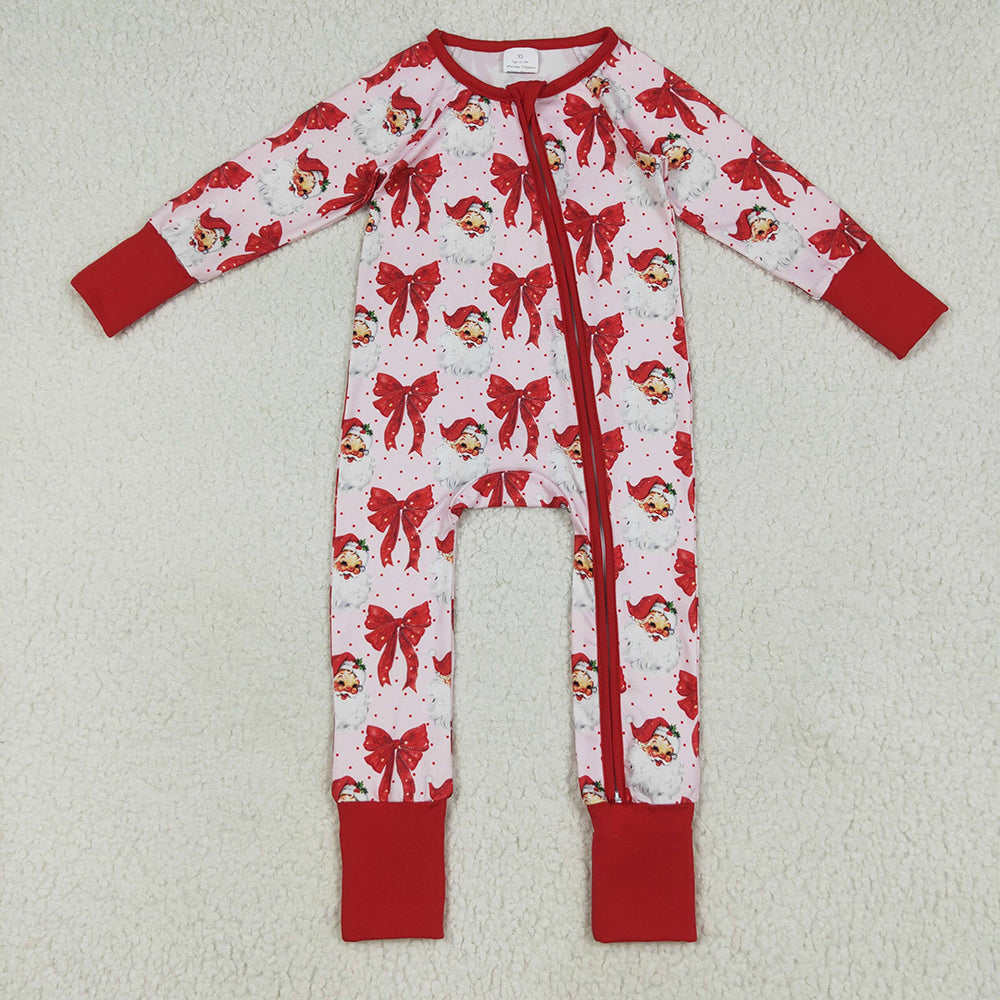 LR2223 Santa Red Bows Print Baby Girls Christmas Zipper Sleeper Romper