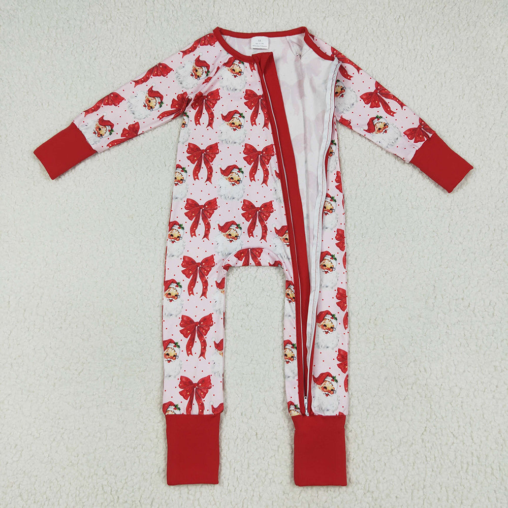 LR2223 Santa Red Bows Print Baby Girls Christmas Zipper Sleeper Romper