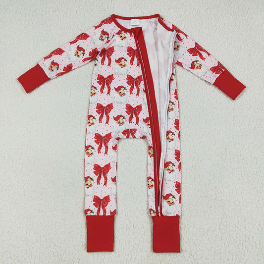 LR2223 Santa Red Bows Print Baby Girls Christmas Zipper Sleeper Romper